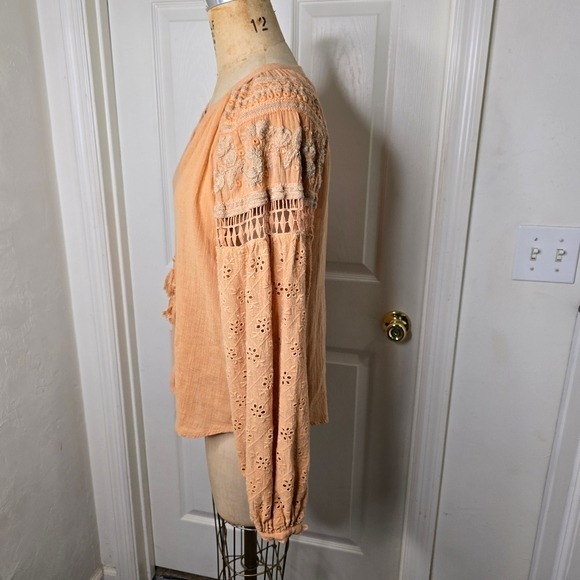 Nichole Miller Artelier cantaloupe linen embroidered womens long sleeve‎  top L - Picture 9 of 11